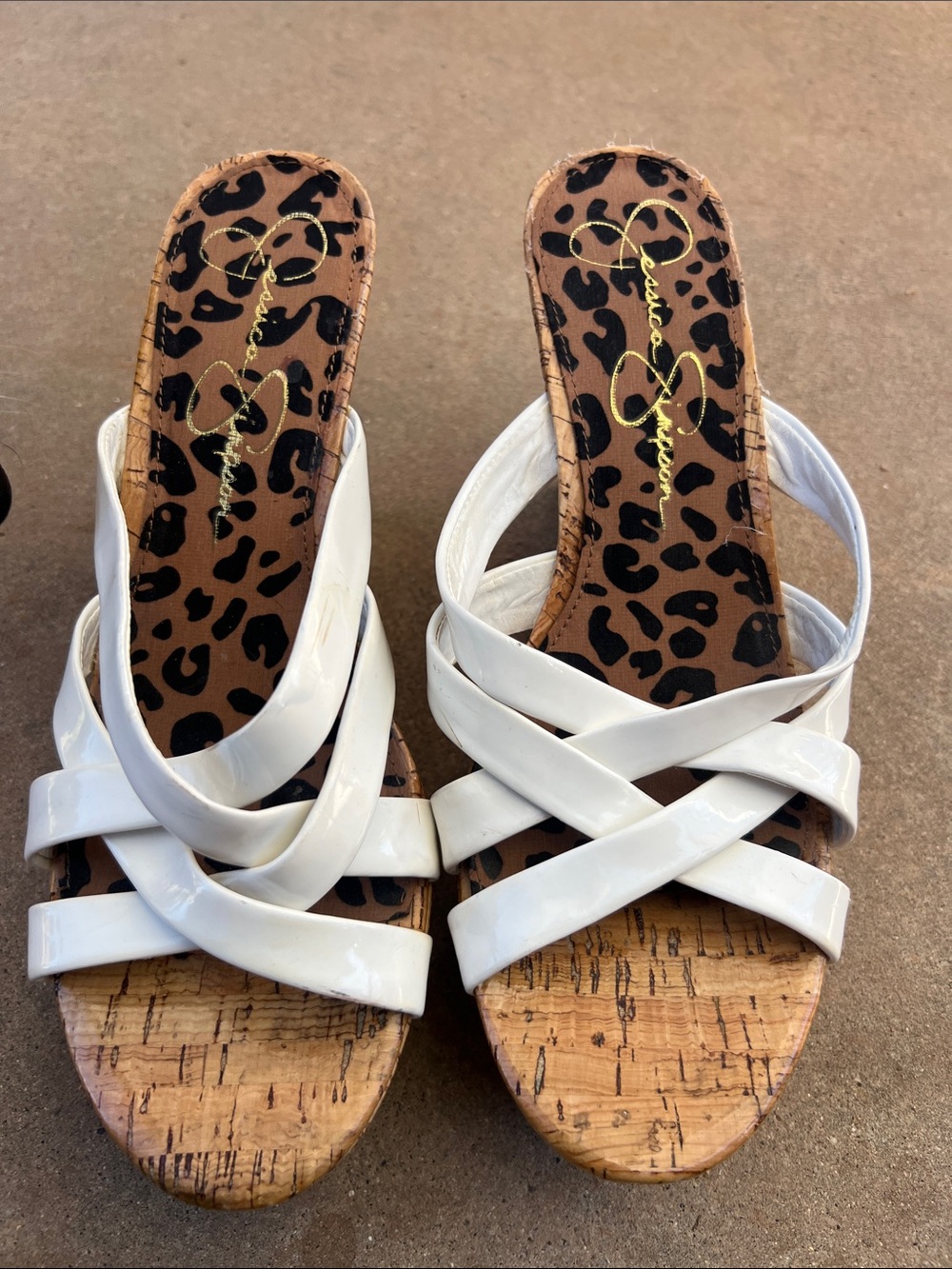 Jessica Simpson White Patent Crisscross Cork Wedge Sandals